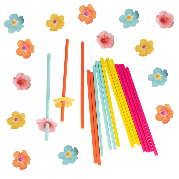 Tiki Tropics Hawaiian Paper Party Straws with Flower Toppers