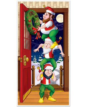 Image of elf door cover with three elves on each others shoulders putting a wreath on the door.