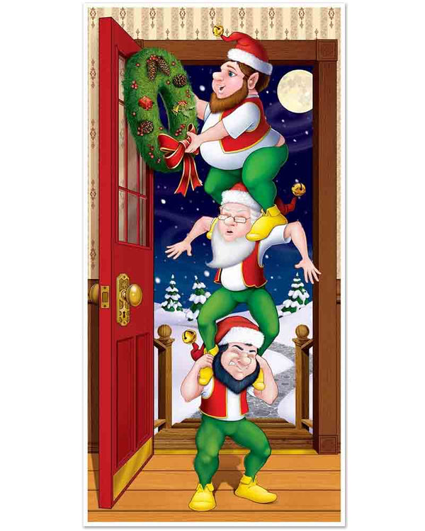 Image of elf door cover with three elves on each others shoulders putting a wreath on the door.