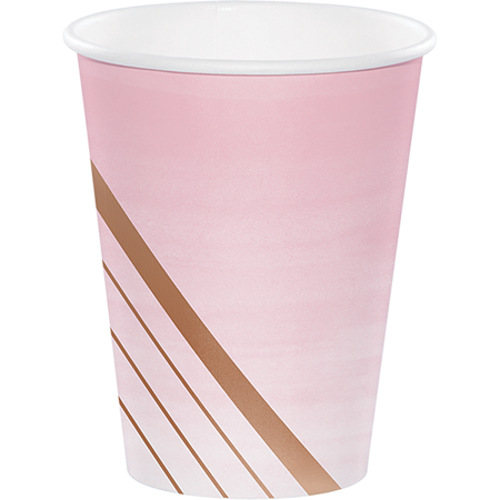 Rose All Day Cups Paper Stripes Rose Gold Foil 266ml Pack of 8