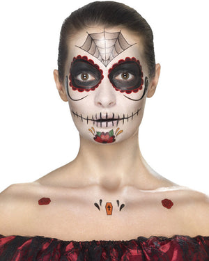 Day Of The Dead Face Tattoo Transfers Kit Black And Red