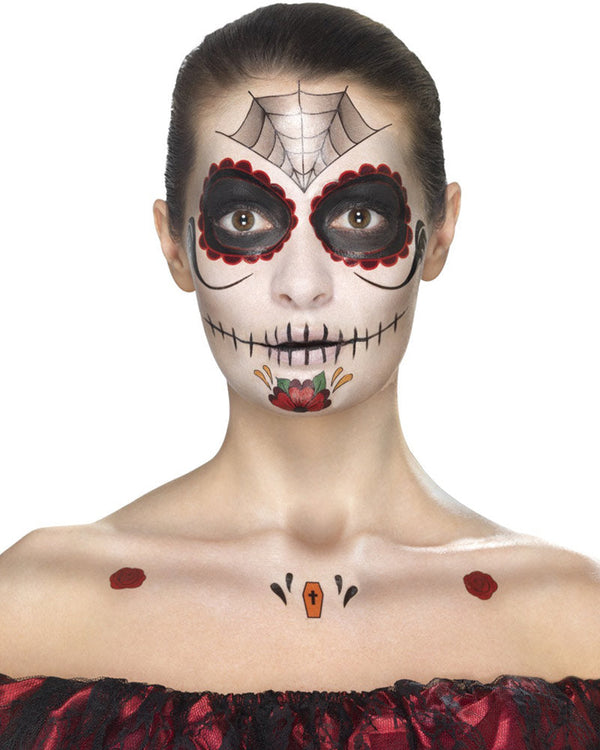 Day Of The Dead Face Tattoo Transfers Kit Black And Red