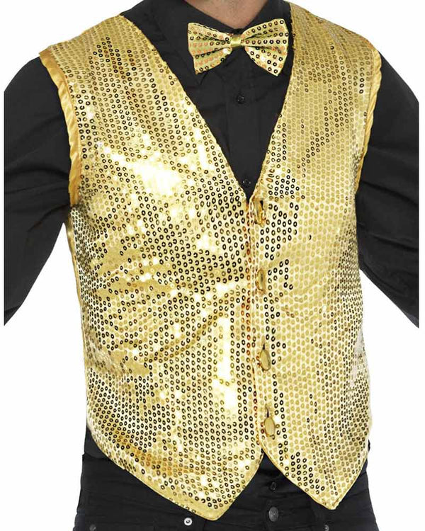 Image of man wearing gold sequin waistcoat.