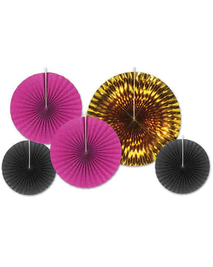 Hot Pink Black and Gold Paper Foil Fans Pack of 5