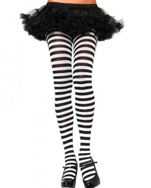Black and White Striped Nylon Plus Size Tights