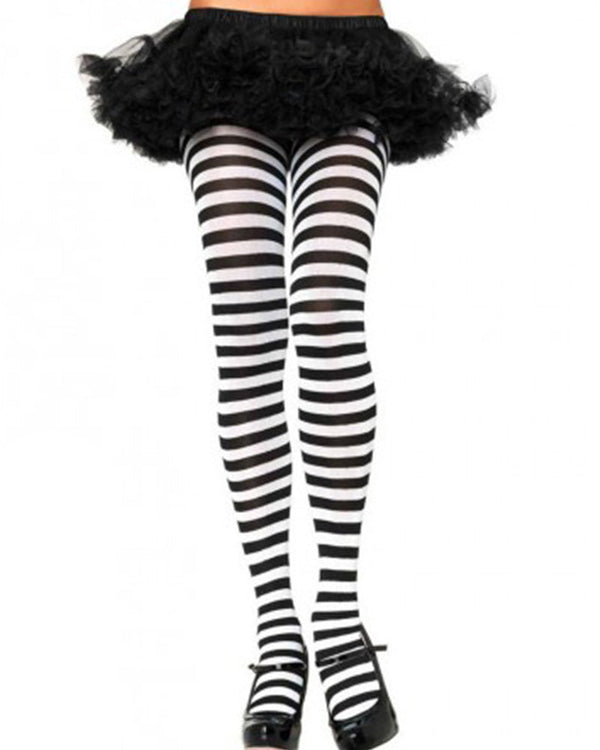 Black and White Striped Nylon Plus Size Tights