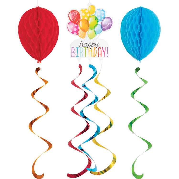 Balloon Bash Birthday Hanging Honeycomb Balloons & Cutout Decorations Pack of 3