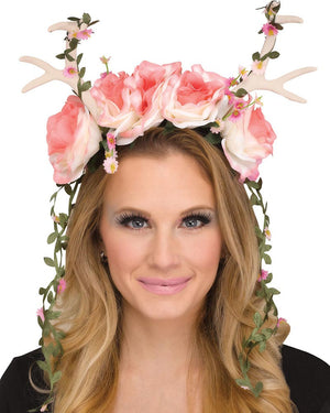 Faun Fantasy Headpiece with Pink Roses and White Antlers
