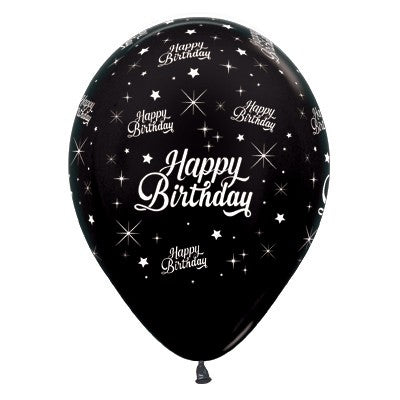 Sempertex 30cm Happy Birthday Twinkling Stars Metallic Black Latex Balloons, 25PK Pack of 25