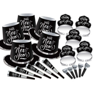 New Years Party Box Kit Black & Silver for 20 People Pack of 20