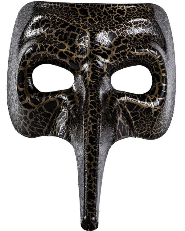 Image of black Venetian mask with raven shaped beak.