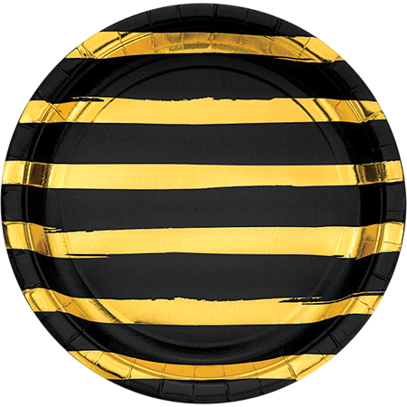 Black Velvet and Gold Foil Striped 22cm Dinner Paper Plates Pack of 8