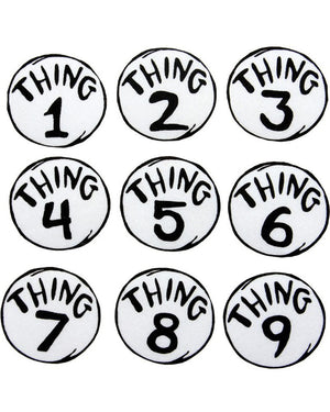 Image of round white Dr Seuss Thing 1-9 patches.