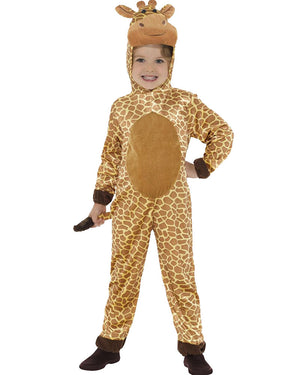 Image of girl wearing giraffe costume jumpsuit.