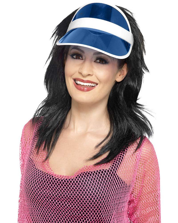 Image of woman wearing blue and white visor hat.