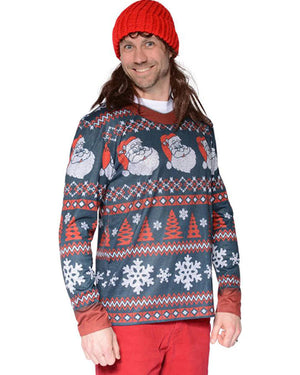 Santa Stripe Christmas Sweater Mens Faux Real Tee