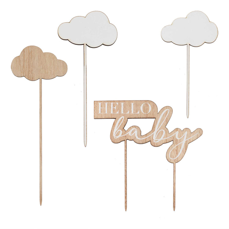 Hello Baby Wooden Hello Baby & Clouds Baby Shower Cake Topper