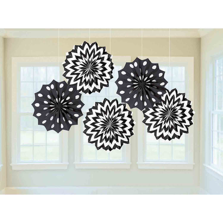 Jet Black Hanging Printed Fan Decorations Pack of 5