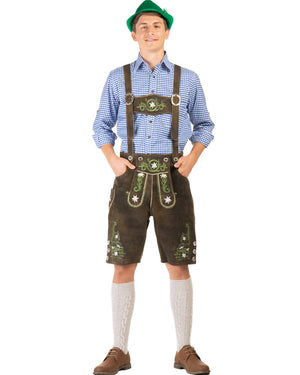 Image of man wearing Oktoberfest shirt, hat and dark brown leather lederhosen. 