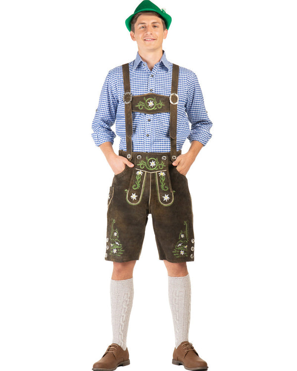 Image of man wearing Oktoberfest shirt, hat and dark brown leather lederhosen. 