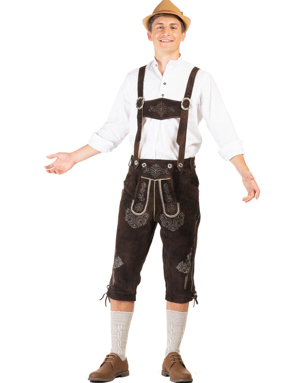 Image of man wearing hat, white shirt and brown plus size leather lederhosen.