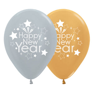 Sempertex 30cm Happy New Year Metallic Silver & Gold Latex Balloons, 25PK Pack of 25