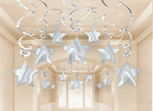 Silver Foil Star Hanging Swirl Decorations Pack of 30