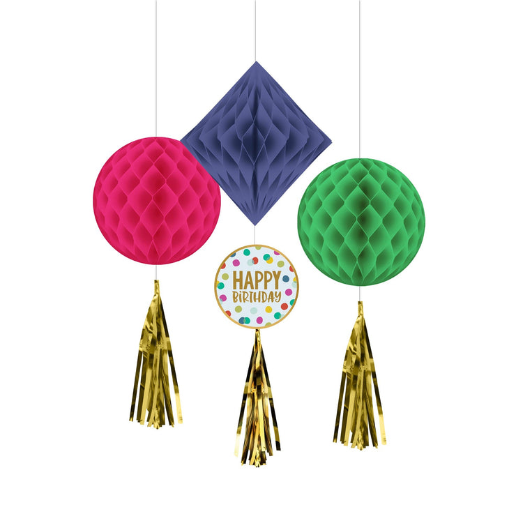 Happy Dots Happy Birthday Hanging Honeycomb Decorations & Tassels Pack of 3