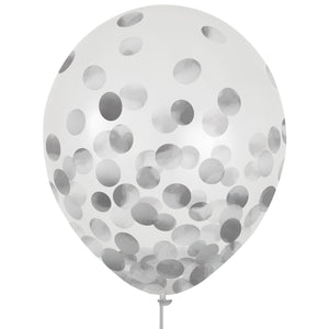Latex Balloons 30cm & Confetti Silver Pack of 6