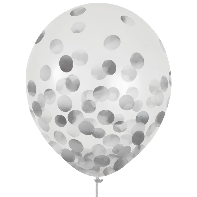 Latex Balloons 30cm & Confetti Silver Pack of 6