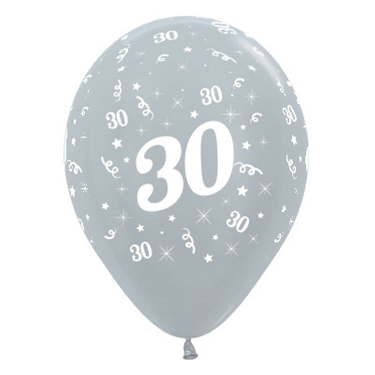 Sempertex 30cm Age 30 Satin Pearl Silver Latex Balloons, 6PK Pack of 6