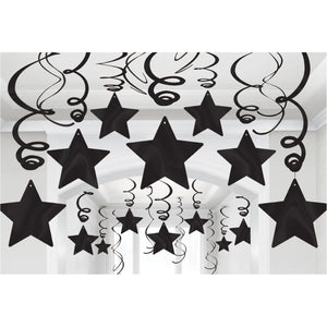 Black Foil Star Hanging Swirl Decorations Pack of 30