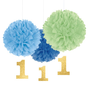 1st Birthday Boy Fluffy Decorations & Glittered Cutouts Pack of 3