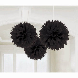 Black Fluffy Tissue Hanging Decoration 41 cm Pack of 3