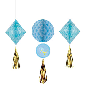 Baby Shower Boy Honeycomb Hanging Decorations Pack of 3