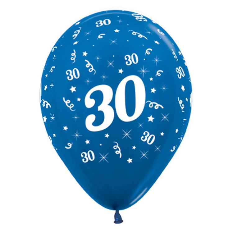 Sempertex 30cm Age 30 Metallic Blue Latex Balloons, 6PK Pack of 6