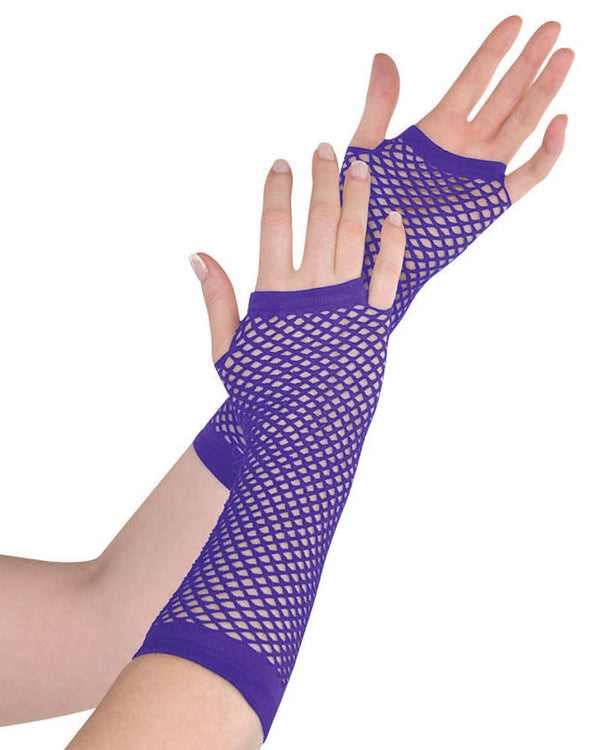 Image of purple fishnet fingerless loves. 