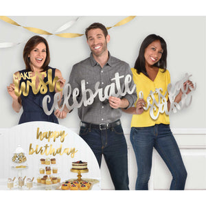 Happy Birthday Themed Foil Cutout Photo Props Silver & Gold Pack of 5