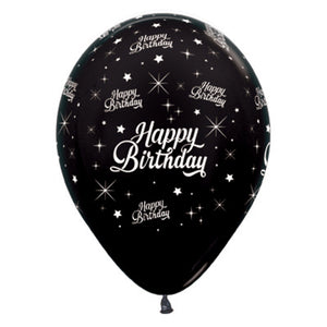 Sempertex 30cm Happy Birthday Twinkling Stars Metallic Black Latex Balloons, 6PK Pack of 6