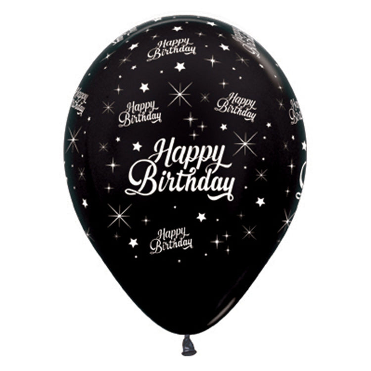 Sempertex 30cm Happy Birthday Twinkling Stars Metallic Black Latex Balloons, 6PK Pack of 6