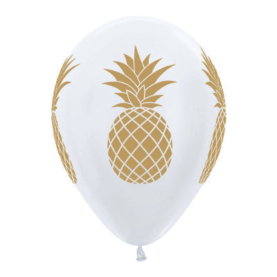 Sempertex 30cm Tropical Pineapple Satin Pearl White & Gold Ink Latex Balloons, 25PK Pack of 25