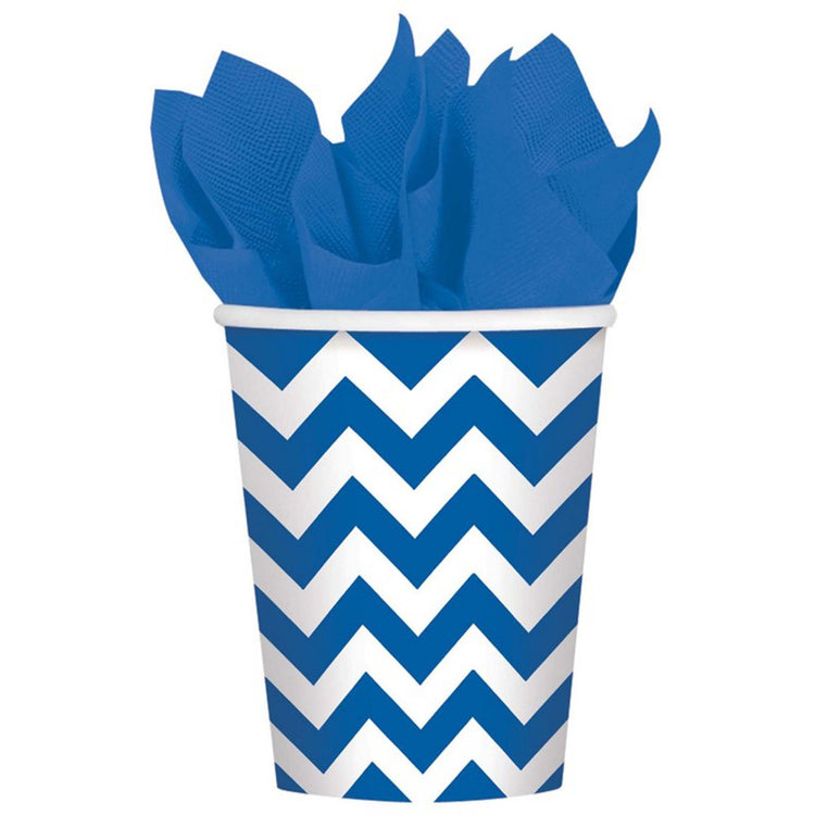 Bright Royal Blue Chevron 266ml Paper Cups Pack of 8