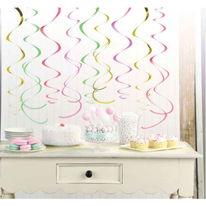 Pastel and Gold Hanging Swirl Decorations Pack of 12