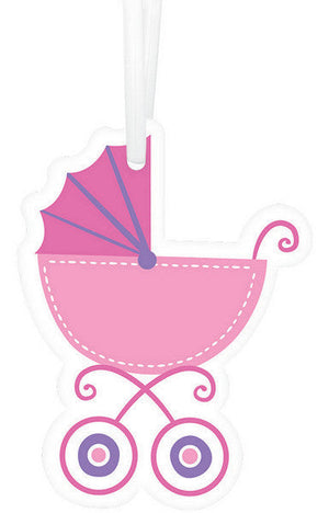 Baby Carriage Pink Tags with Twist Ties Pack of 25