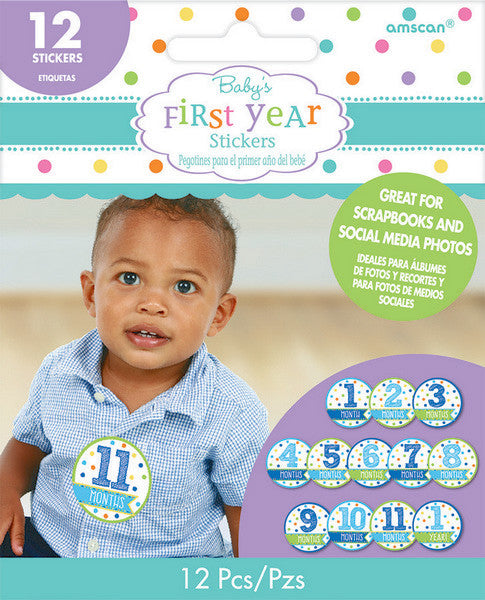 Baby Shower Stickers Month by Month Boy Pack of 12