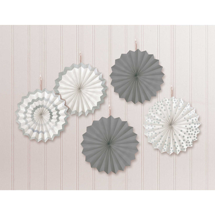 Mini Paper Fans Silver Hot Stamped Hanging Decorations Pack of 5