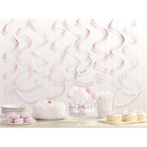 Rose Gold & Blush Hanging Swirls Decorations Foil & Plastic Pack of 12