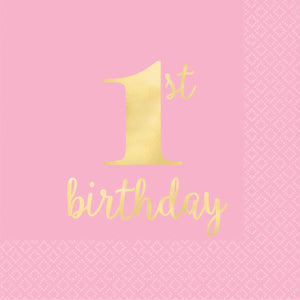 1st Birthday Pink Beverage Napkins Pack of 16