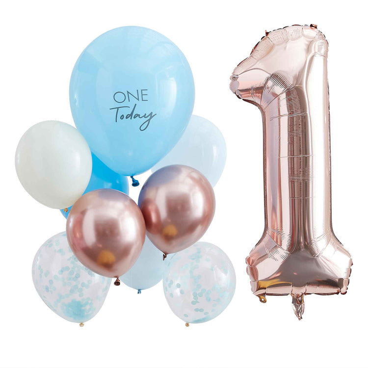 Mix It Up Blue & Rose Gold 1 Today Balloon Bundle Pack of 10