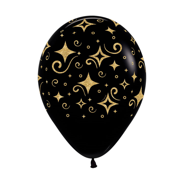 Sempertex 30cm Golden Diamonds Fashion Black with Glitter Ink Latex Balloons 080, 12PK Pack of 12